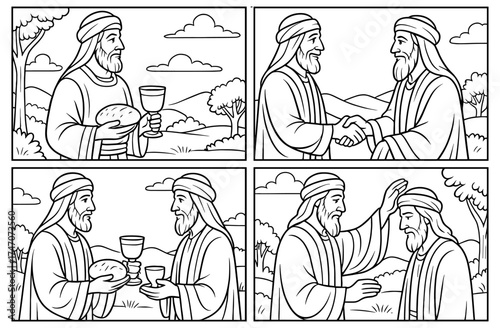 Biblical scene of melchizedek blessing abraham with bread and wine in peaceful countryside