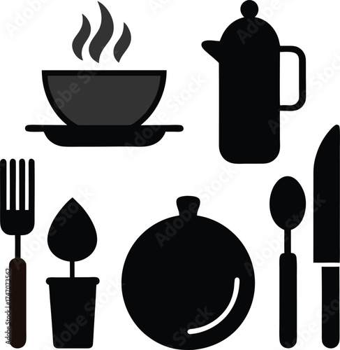 Collection of kitchen utensil and food silhouettes isolated on white background isolated on transparent background