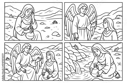 Hagar and angel biblical scenes in four panel comic style for educational and storytelling design