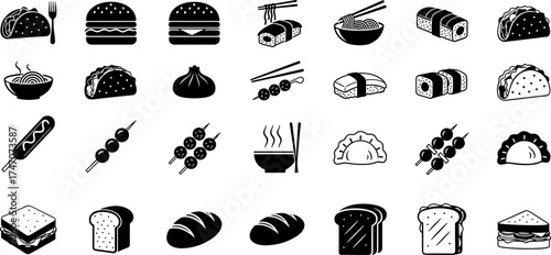 Global food icon set with sushi, tacos, dumplings, bread, noodles, and skewers, black vector design for menu, culinary, and snack themes