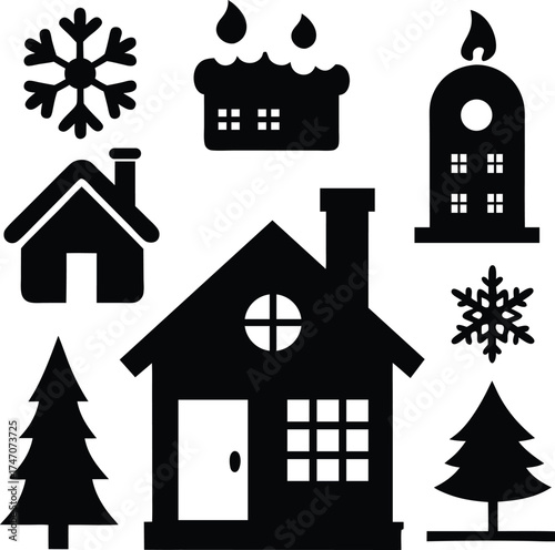 Collection of black silhouette icons representing winter and home elements isolated on white background isolated on transparent background