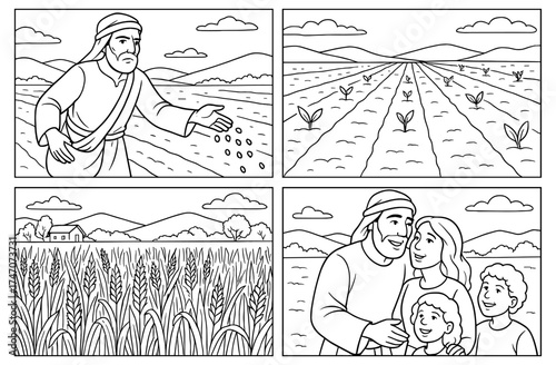 Biblical comic panels depicting sowing and harvesting scenes for religious education and visual storytelling