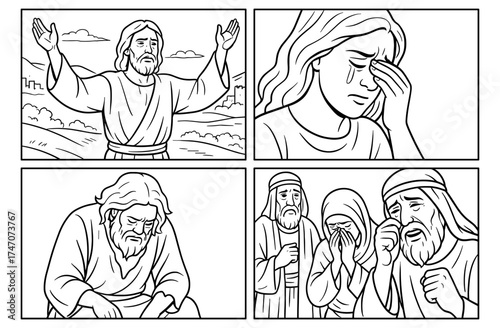 Emotional fasting journey in four comic panels for spiritual reflection and meditation