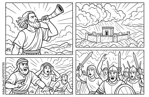 Ancient trumpet call on zion with battlement witnesses - engaging historical scene for storytelling or educational materials