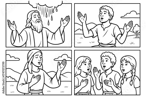 Biblical comic panels with characters praying and worship scenes for faith-based storytelling
