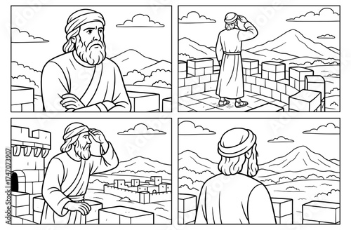 Habakkuk's vigil: reflective comic panels of a watchful journey and mountain landscape