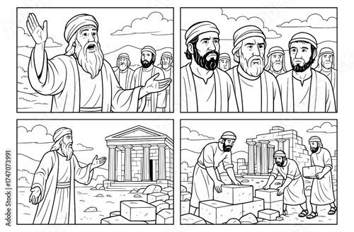 Haggai's temple comic scene depicting biblical figures building ancient structure