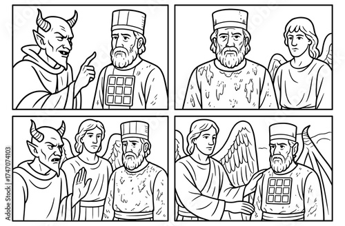High priest confrontation scene with angel and demon for religious theme art or educational material
