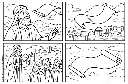 Ancient biblical scene with flying scroll in comic style for spiritual teaching and visual storytelling