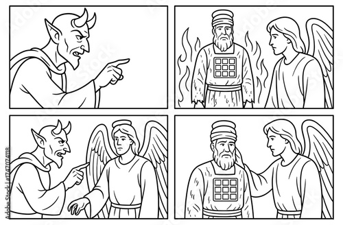 Biblical scene: high priest accusation and angelic intervention in black and white comic panels