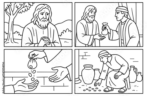 Biblical comic panels depicting thirty shekels theme for educational and religious use