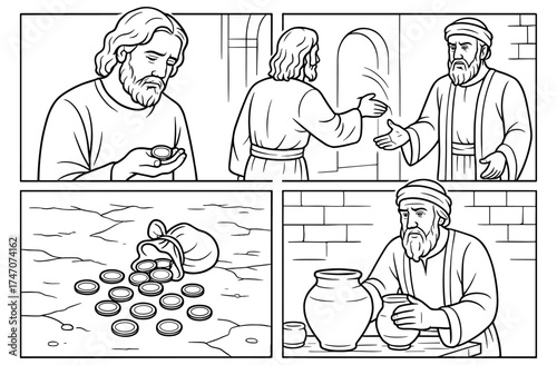 Biblical betrayal theme comic panels with historical scenes for creative designs