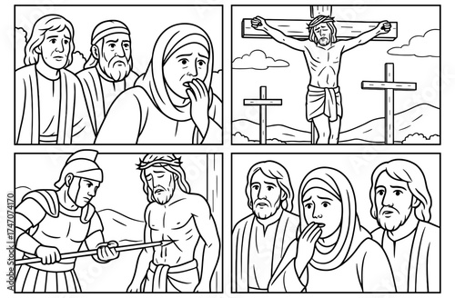Biblical comic panels depicting crucifixion scene for educational and worship design