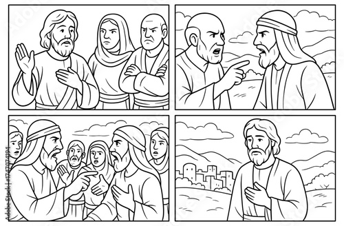 Ancient dialogue scene depicting expressive body language and communication for educational use