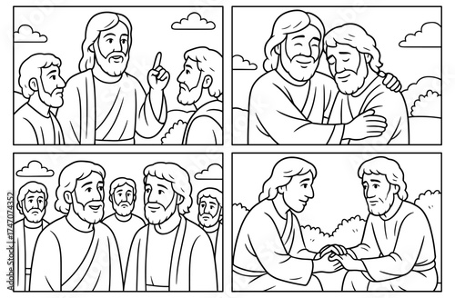 Inspirational comic style love commandments for kids coloring book page design