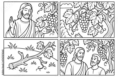 Biblical comic panels with jesus discussing parable of the vine and branches in simple composition for faith-based designs