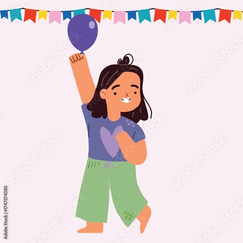 Girl cartoon character playing with balloon. Caucasian smiling happy girl with the bunch of colorful air balloon in her hand. Cheerful girl holding the bunch of balloon. Vector sketch illustration 