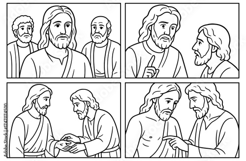 Biblical comic scene with jesus and thomas for religious education and storytelling