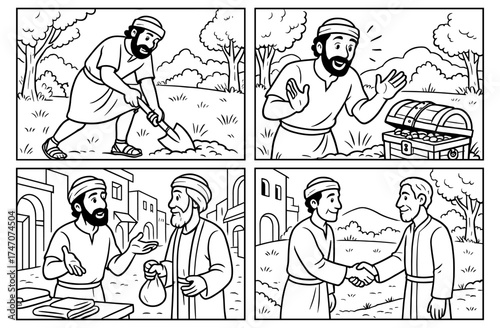 Biblical comic panels depicting parable of the hidden treasure for storytelling and educational use