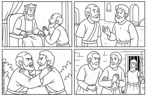 Biblical parable of the unmerciful servant comic panels for education and teaching