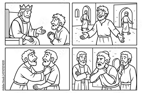 Unmerciful servant comic panels for moral lesson and educational artwork