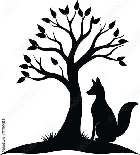 A black silhouette of a fox sitting under a stylized tree with leaves isolated on white background isolated on transparent background