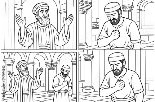 Biblical comic panels depicting humble prayer scenes for educational purposes