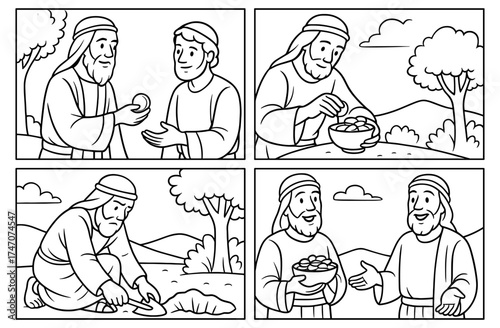 Parable of talents biblical story in simple comic style for educational use