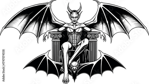 Gothic demon queen illustration, horned female figure on throne, bat wings and columns, fantasy horror art, symmetrical black and white design