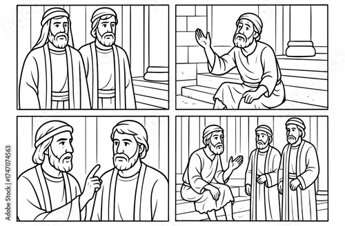 Biblical story comic panels featuring ancient figures in discussion for educational design