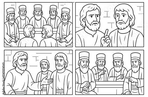 Biblical scene of peter and john on trial with elders in discussion panels for religious education materials