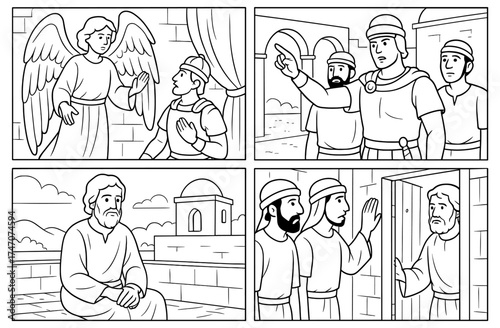 Cornelius' divine vision depicted in religious story panels for inspirational design and teaching