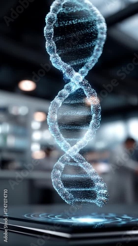 A holographic DNA strand floats above a sleek surface of tablet