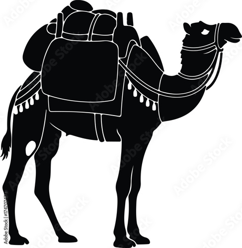 Vector silhouette camel carrying baggage on its back illustration