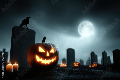 A spooky Halloween scene with a black bird perched on top of a tombstone in a graveyard, with a full moon in the background.