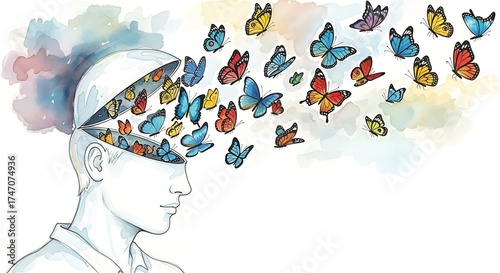 Open Mind with Butterflies Flying Out | Creative Thinking, Mental Health, Imagination, and Freedom Illustration
