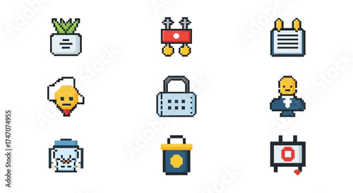 Collection of colorful pixel art icons for user interface design.