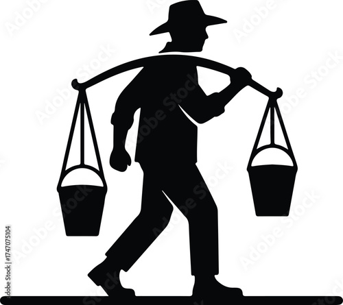 Vector silhouette farmer carrying buckets with pole on shoulders illustration
