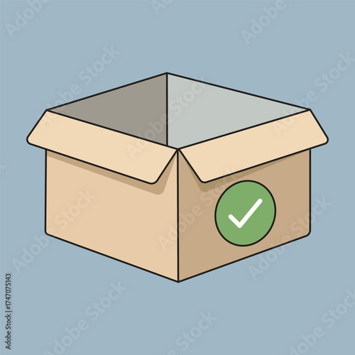 Flat vector illustration of an open cardboard box with a green check mark symbol, representing approval, verified delivery, or successful packaging, isolated on white background for commercial use.