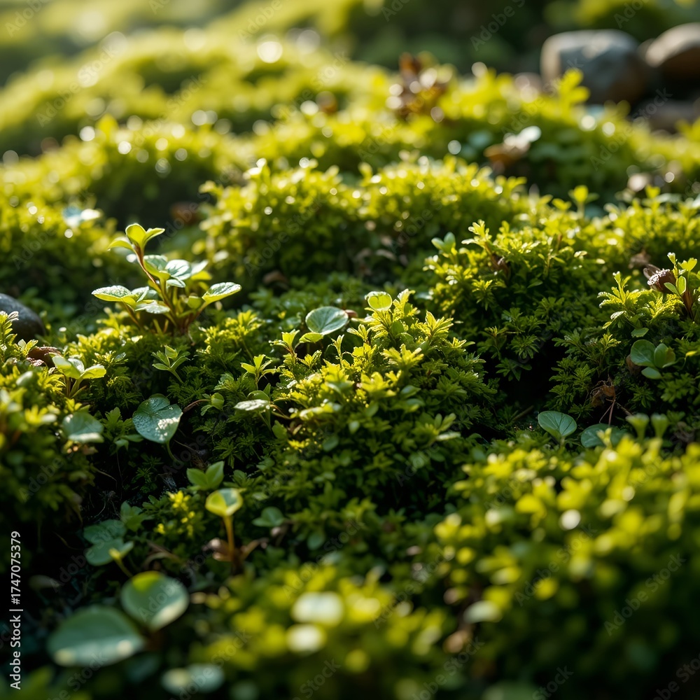 Fototapeta premium Macro Shot of Vibrant Green Moss and Seedlings with Sunlit Bokeh