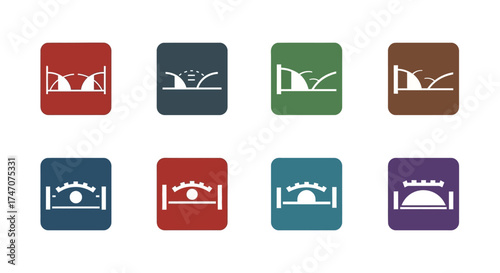 Collection of eight distinct bridge icons in various colors.