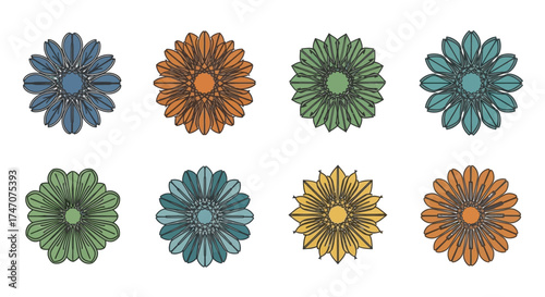 Collection of eight colorful stylized floral mandala designs.