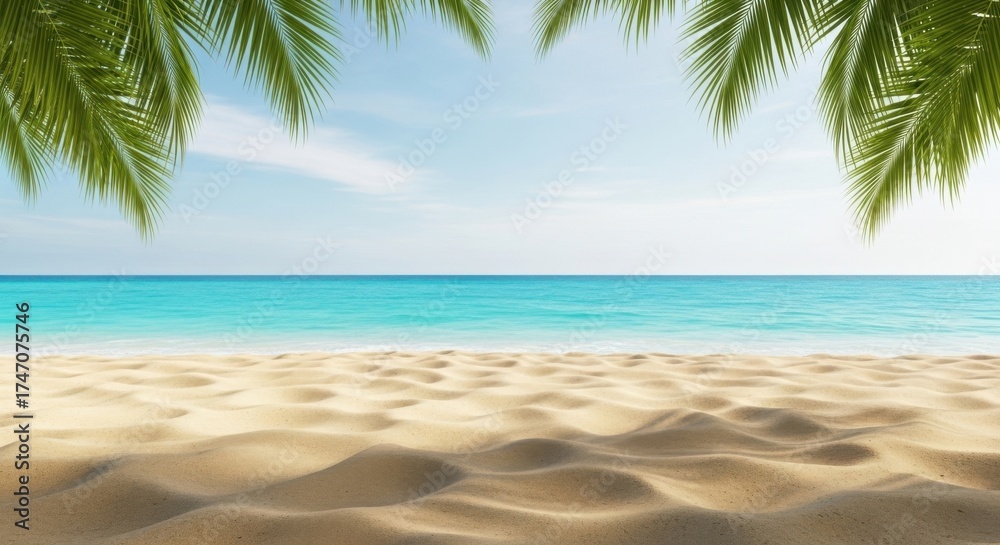 Obraz premium Tropical beach paradise with palm fronds and turquoise water