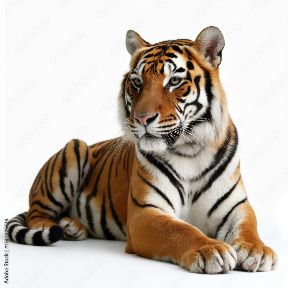 Obraz premium A tiger is laying down on a white background