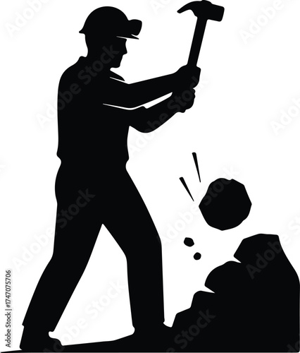 Vector silhouette miner working with hammer and rock illustration