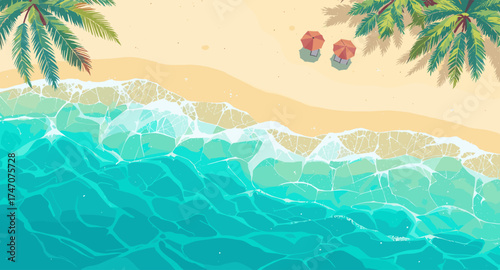 Escape to paradise with this stunning tropical beach scene featuring turquoise water, soft sand, and swaying palm trees overhead