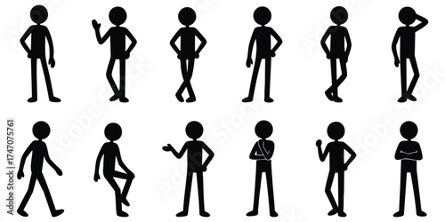 Stickman characters in multiple standing poses showing casual and confident body language for communication, concept, and design illustration