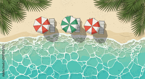 Dreaming of summer getaways with turquoise ocean views and relaxing beach umbrellas under swaying palm trees