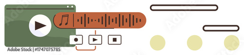 Media player window with play button, audio waveform, control icons, and text lines. Ideal for multimedia, podcasting, technology, audio streaming, content creation music apps and digital tools
