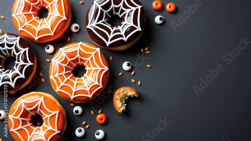Halloween Donuts with Spider Web Icing and Candy Eyes - Fun Festive Dessert Concept.